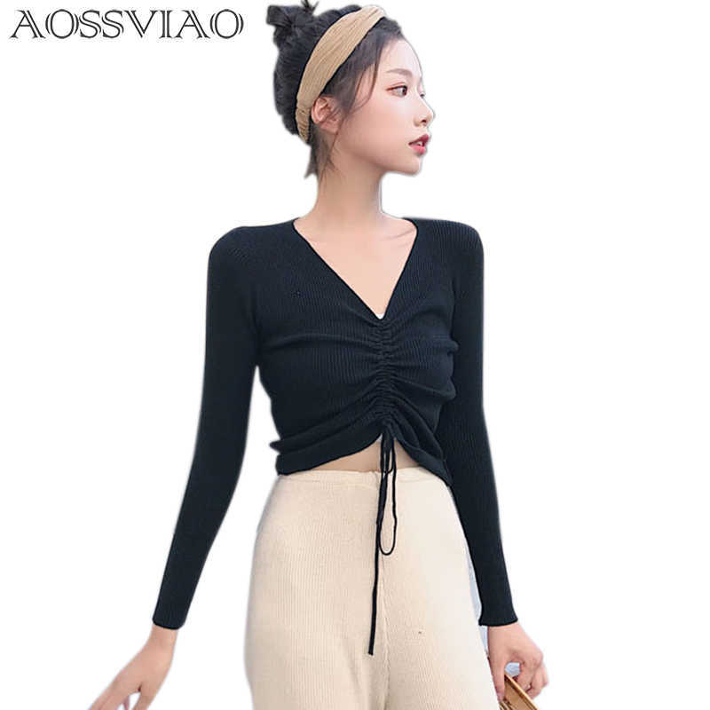 Sexy lace up knitting pullover top Fashion autumn winter sweater women Chic pink V-neck knit slim jumper pull femme 210914