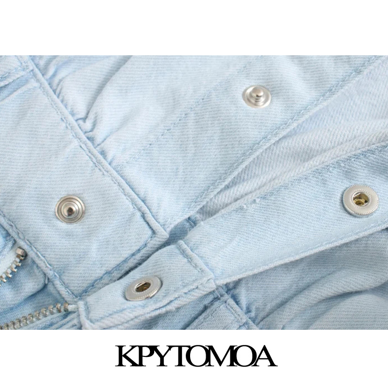 Women Chic Fashion Pockets Denim Playsuits Turn-up Sleeves Elastic Waist Female Short Jumpsuits Mujer 210420