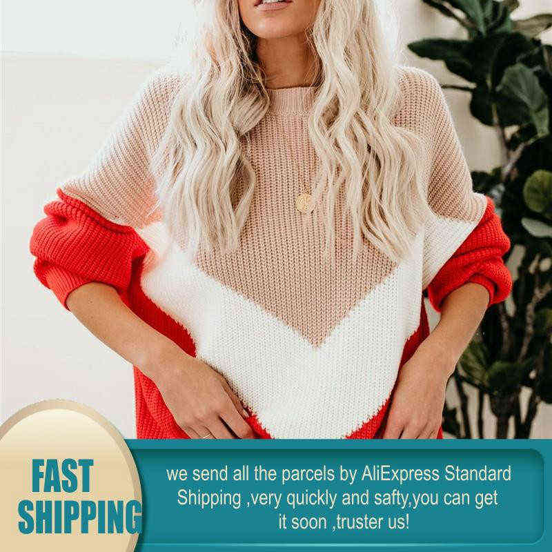 Plus Size Loose Knitted Sweater Women Jumpers Long Sleeve Woman Pullovers Sweaters Casual Winter Color Block Striped Sweater 211109