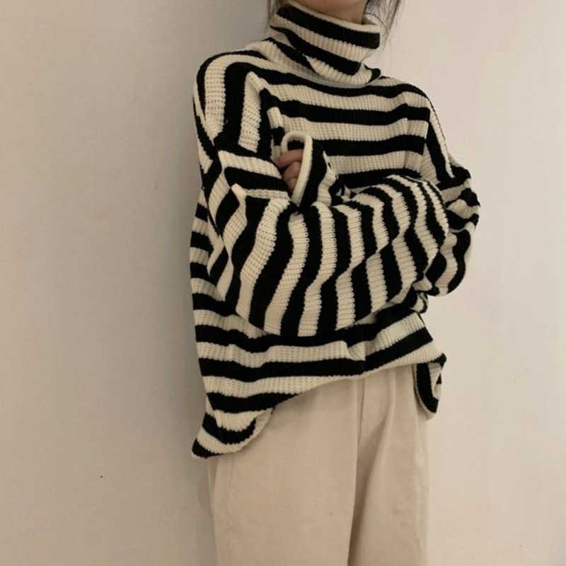 Women Stripes Sweater Harajuku Winter Vintage Women Thickening Loose Warm Turtleneck Sweater 210918