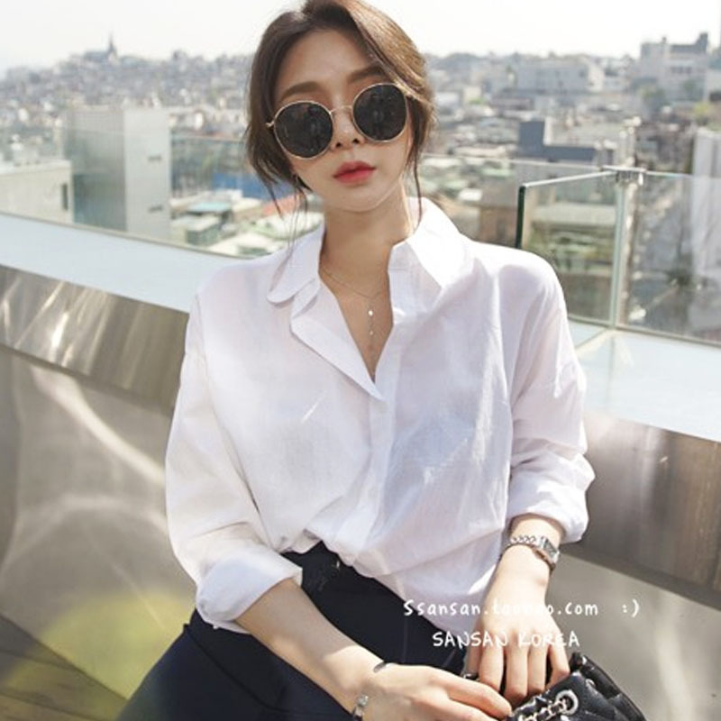 Autumn Korean White Shirt Simple Basic Long Sleeve Female Student Women Blouses Turn-down Collar Tops 6072 50 210506
