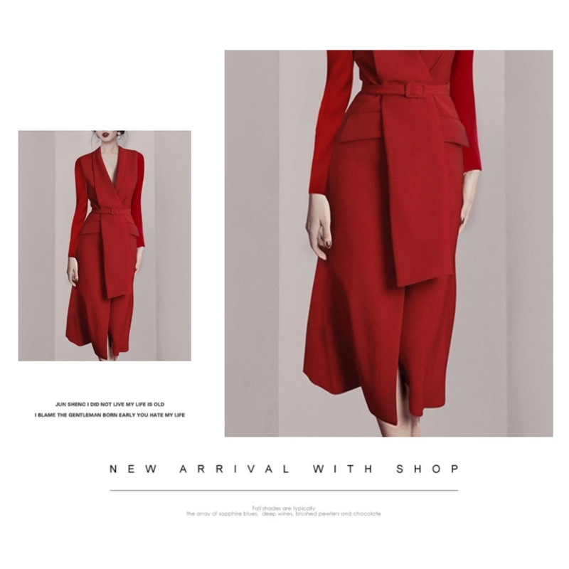 Business Elegant Vestido Da Festa Autumn And Winter Korean OL Belt Waist Notched Neck Slim Long Sleeve Red Dresses 210520