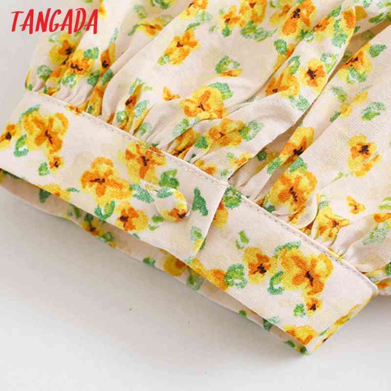 Summer Women Yellow Floral Print French Style Puff Short Sleeve Ladies Midi Dress Vestidos 5Z36 210416