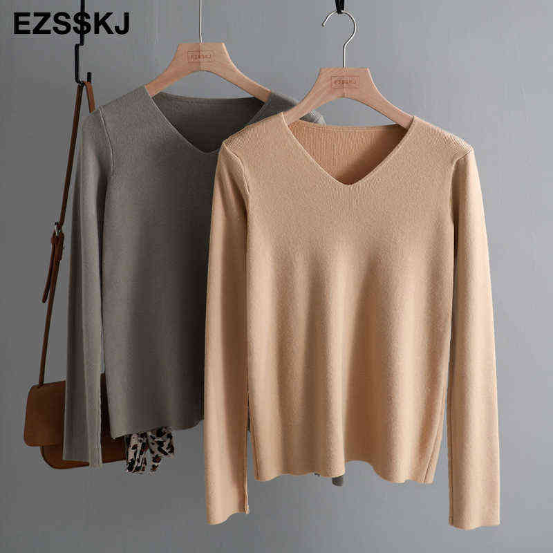 chic casual Autumn Winter Basic Sweater pullovers Women v-neck Solid Knit Slim Pullover female Long Sleeve warm Khaki Sweater 211109