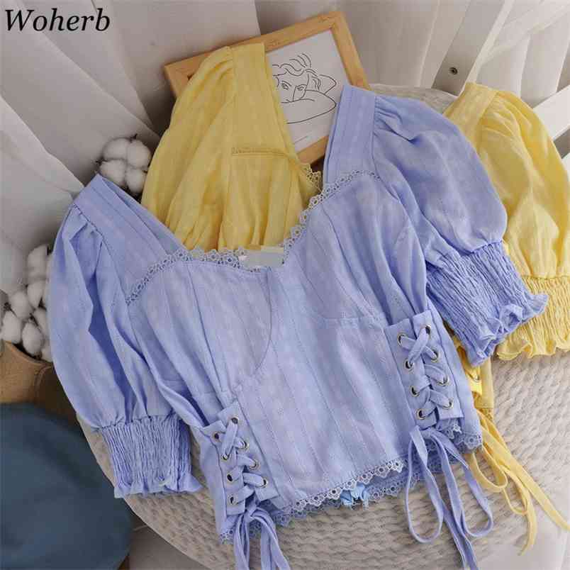Women Blouses Japanese Kawaii Loose Lace Patchwork Shirts Summer Square Collar Blusas Bandage Slim Waist White Crop Tops 210519, Yellow
Women Blouses Japanese Kawaii Loose Lace Patchwork Shirts Summer Square Collar Blusas Bandage Slim Waist White Crop Tops 210519, Yellow