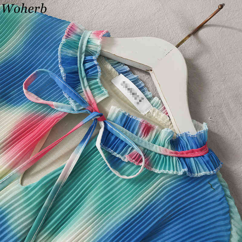 Long Puff Sleeve Korean Shirts Rainbow Tie Dye Pleated Blouse Summer Vintage Harajuku Blouses Women Tops Elegant Blusas 210519