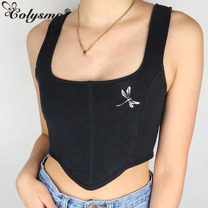 Colysmo Print Corset Top Sexy U Neck Tie up Black Cami Crop Tank Tops Cut out Vest Fashion Casual Streetwear Women Clothing 210527