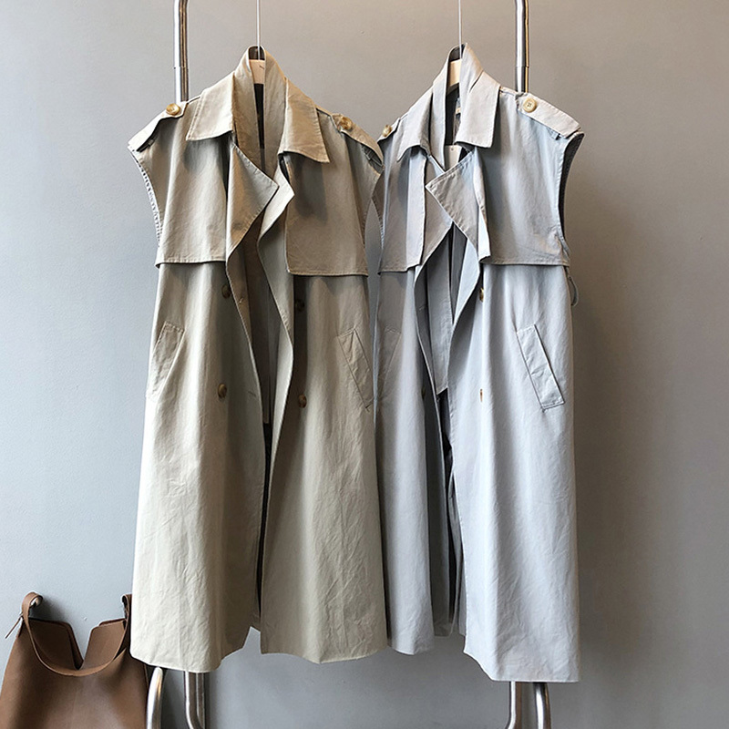 Women Solid Long Trench With Belt Sleeveless Double Breasted Chic Coat Female Turn Down Collar Office Wear Windbreaker 210414