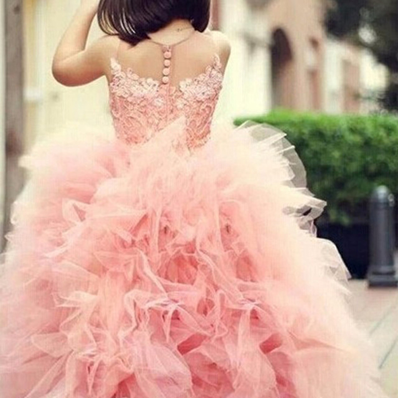 2021 Pretty Princess Pink Appliques Flower Girl Dresses Tulle Buttons Girls Pageant Gown Communion For Wedding Formal Party F14