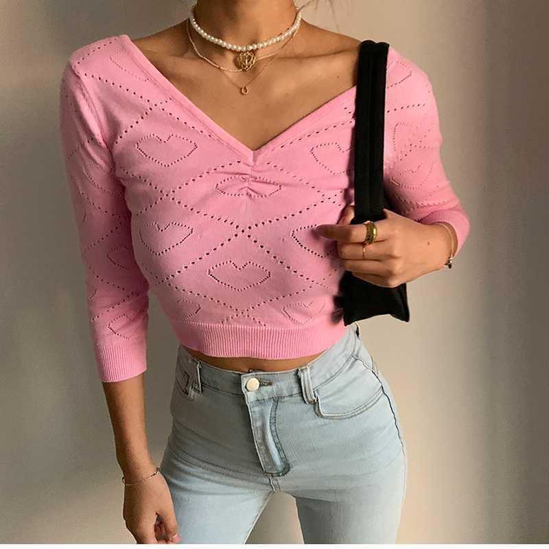 Sexy vintage V-neck folds pink peach heart hollow knit sweaters slim thin 3/4 sleeve short crop tops pullover jumpers for woman 210918
