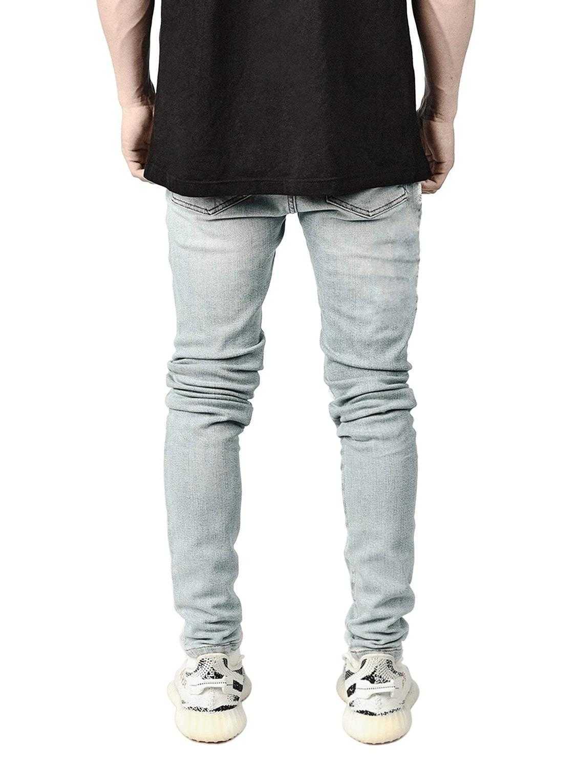 New Men's Zipper Slim Skinny Jeans Stretchy Ripped Biker Embroidery Print Destroyed Jeans X0621