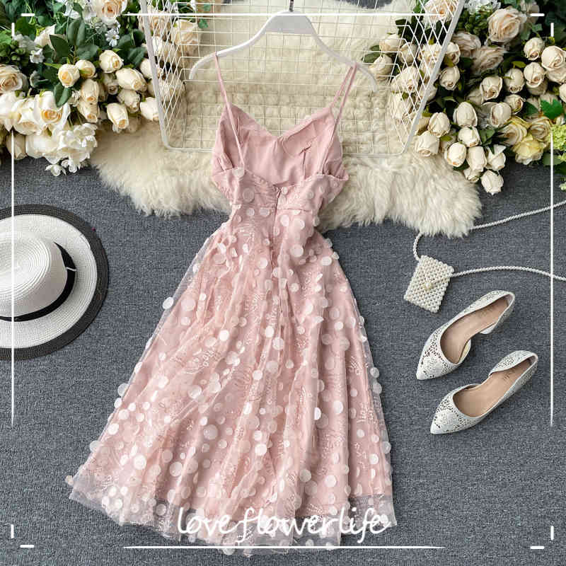 Summer Women Sexy V Neck Spaghetti Strap Party Dress Slim High Waist Backless Polka Dot Tulle Fairy Dress Vestidos 210521