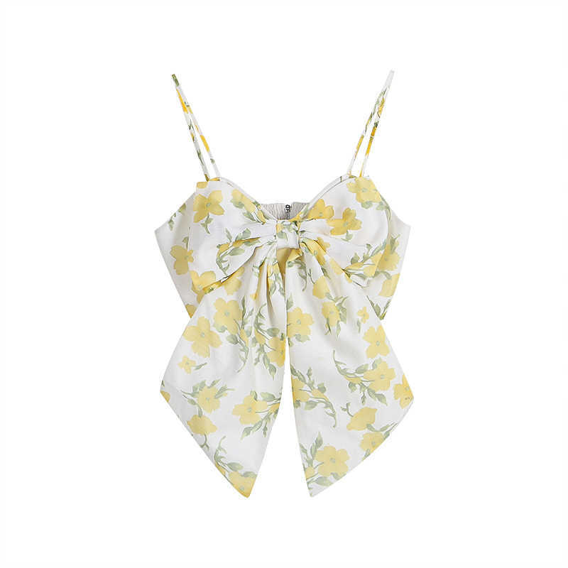 Bow Decoration Flower Print Camisole for Women Fashion Sweet Fresh Cute Patchwork Vests Elegant Temperament All-match Woman Tops 210525