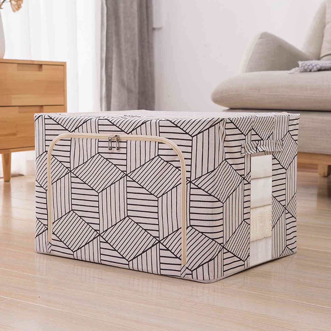 Bedspread Clothes Storage Box, Large Capacity Organizer, Cotton Linen Closet, Foldable Steel Frame, Sweater with Clear Window