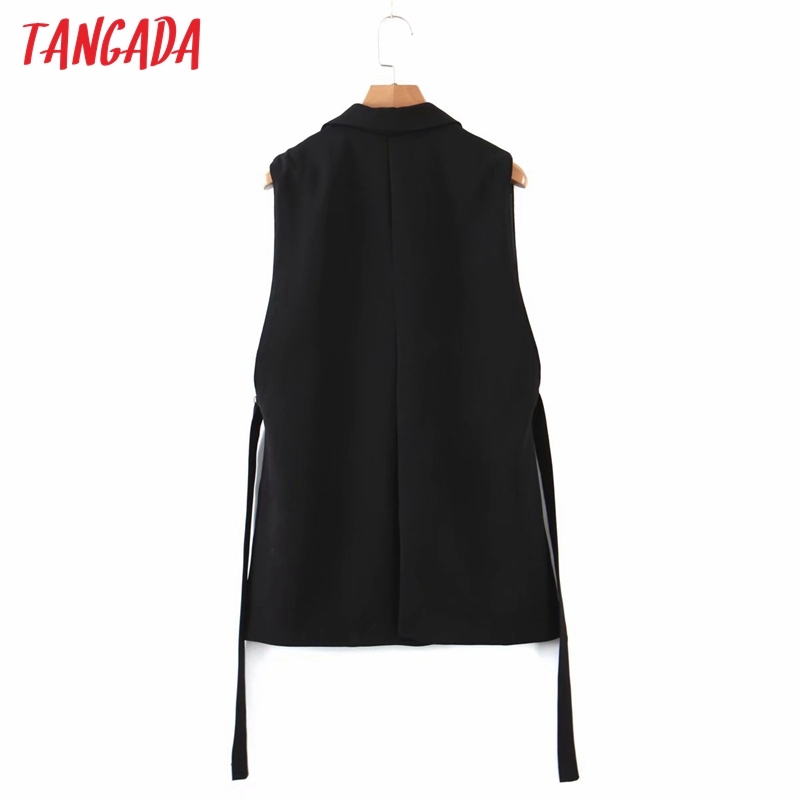 Women Black Sleeveless Vest Jacket Office Ladies Wear Casual Suit Waistcoat Pockets Outwear Tops QD10 210416