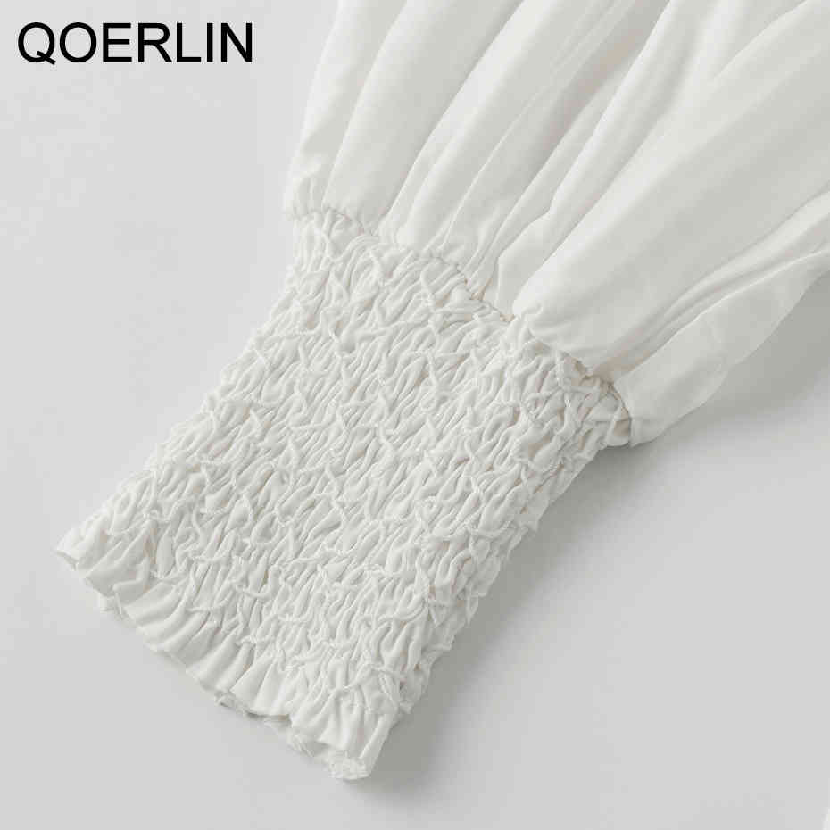 QoerliN Embroidered Blouse Women Elegant Lantern Sleeve White Blouse OL Stylish Pearl Decor Chiffon ChicShirts Plus Size 210412