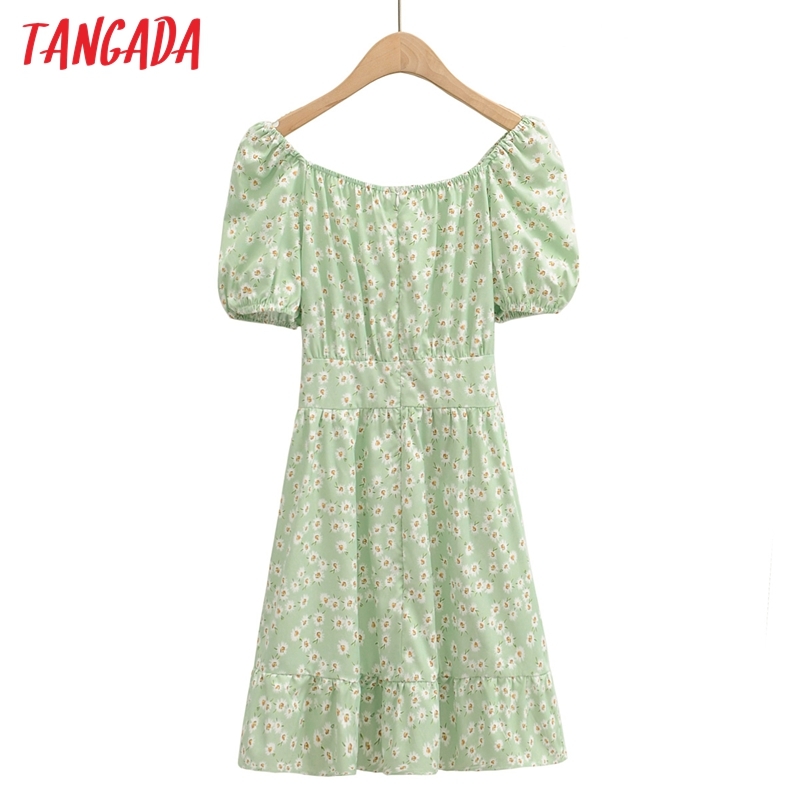 Summer Women Green Floral Off Shoulder Sweet Short Sleeve Ladies Mini Dress Vestidos 1F108 210416
