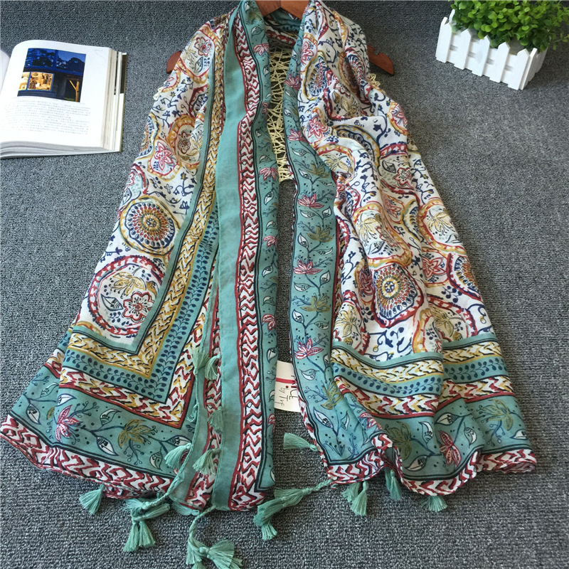 Spring and Summer New Retro Ethnic Fashion Holiday Sunscreen Silk Scarf Colored Cashew Small Plum Blossom Fringed Scarf Shawl