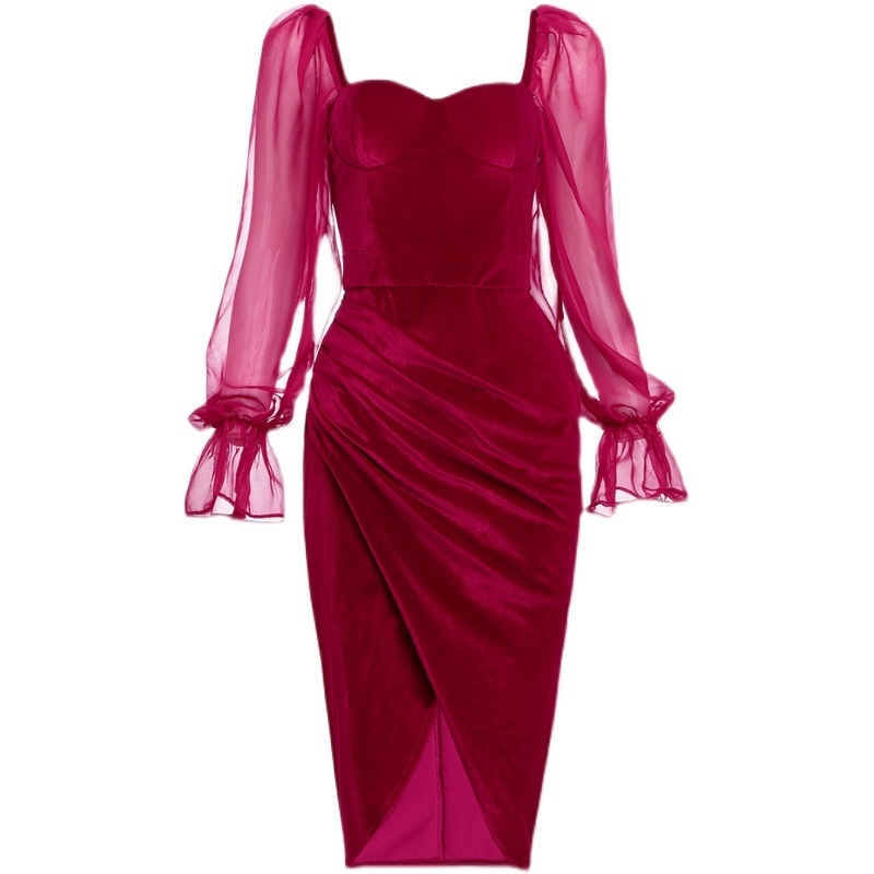 DEAT Women Red Patchwork Asymmetrical Gauze Dress New Square Neck Long Lantern Sleeve SlimFit Fashion Tide Summer 7E0037 210428