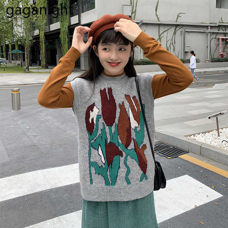 Vintage O-neck Knitted Vest Spring Women Sleeveless Pullover Floral Printed Loose Sweater Female Casual Tank Tops 210601