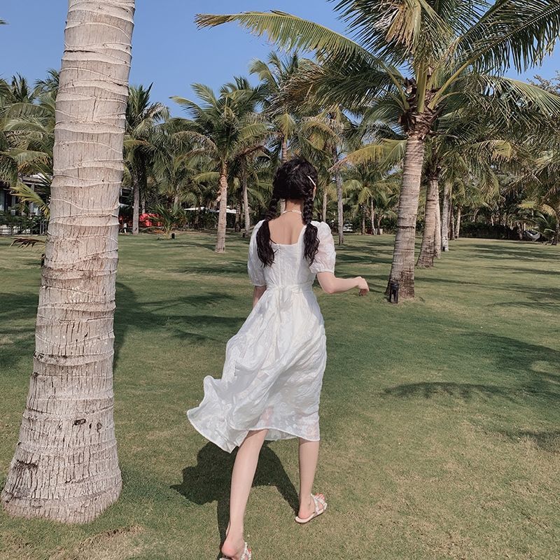 Short Sleeve White Elegant Dresses for Women V-neck Solid Casual Dress female Beach Dress Korean Chiffon Sumemr 210521