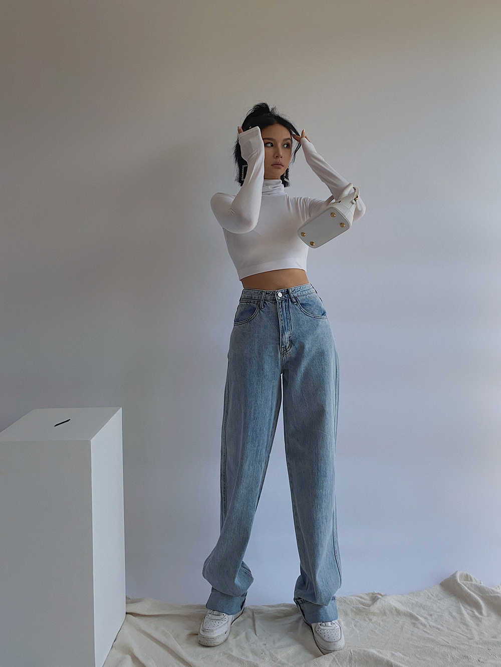 WOMENGAGA High Waist Wide-leg Pants Autumn Jean's Slimming All-match Straight Loose Vertical Mop SMDT 210603