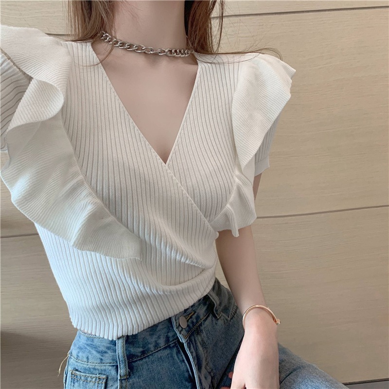 Summer Fashion Clothing Sweet Sexy V Neck Cross Short Sleeve Pink Tshirts Women Crop Tops Ruffles White Tees Elegant Black 210429