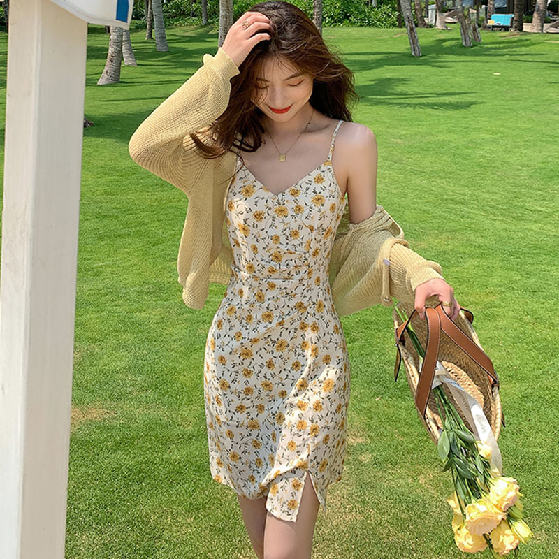 Summer Camisole Dress Women Elegant Sweet Floral V-Neck Fairy Strap Dress Beach Evening Party Kawaii Dress Korean 210521