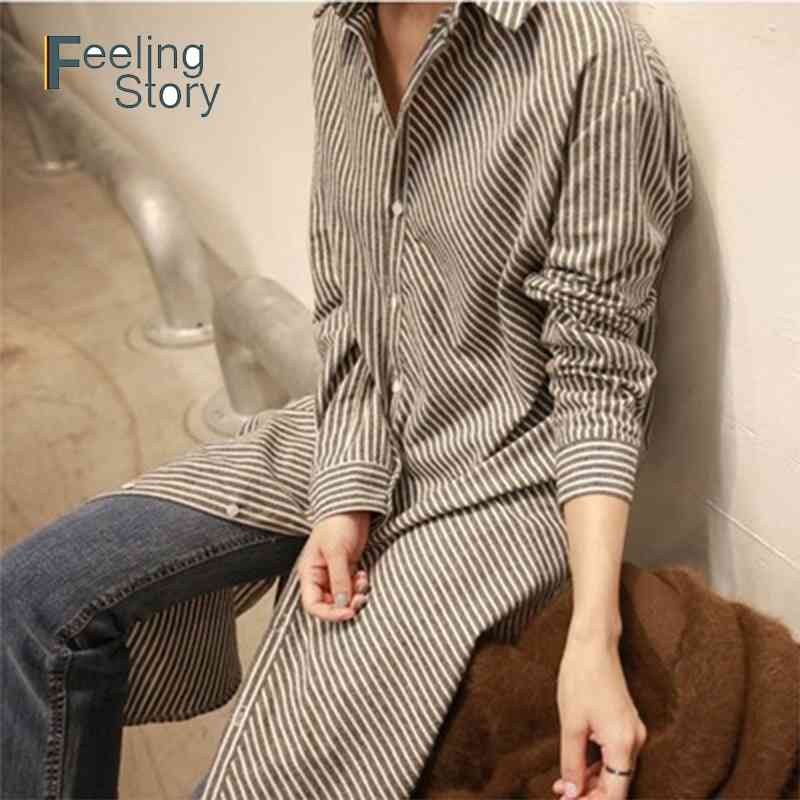 Long Sleeve Striped Blouses Shirts Cotton Linen Plus Size Korean Women Spring Loose Collar Shirt Dress Side Split Irregular 210603, Camel
Long Sleeve Striped Blouses Shirts Cotton Linen Plus Size Korean Women Spring Loose Collar Shirt Dress Side Split Irregular 210603, Camel