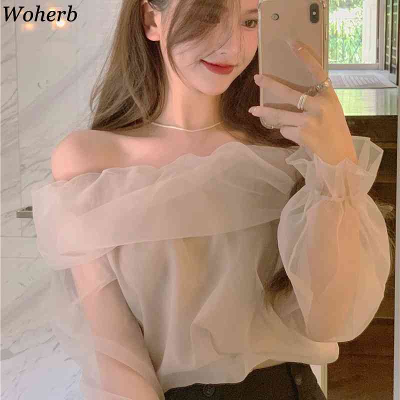 Romance Sweet Tops Blouses Sexy Off Shoulder Mesh Shirt Slim Femme Puff Sleeves Korean Chic Elegant Blusas 210519