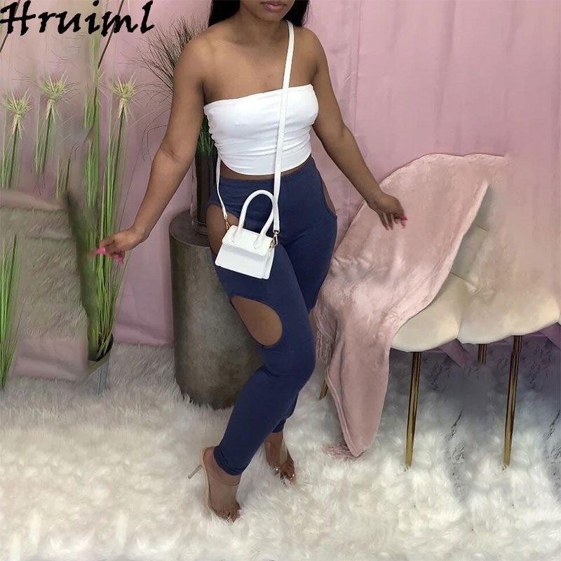 Personality Jeans Hollow Out Solid Color Beltless Tight-fitting Pencil Casual Trousers Elastic Waist Vetement Femme Pants 210513