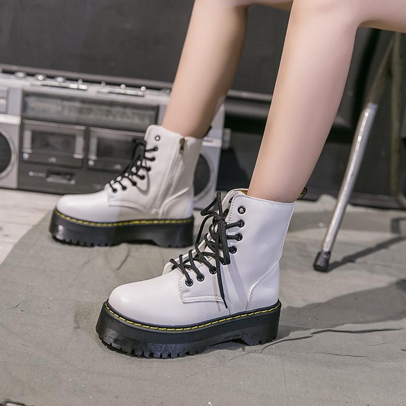 Boots 2021 Motorcycle Women's Winter Soft Leather Shoes Black Botas Wedges Female Lace Up Platforms Women White Mujer 41
