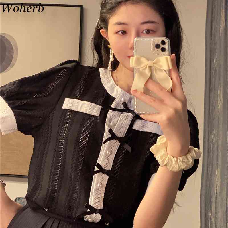 Elegant Lace Hollow Out Blouses Summer Fashion Slim Fit Puff Sleeve Single Breasted Women Shirts Korean Blusas 210519