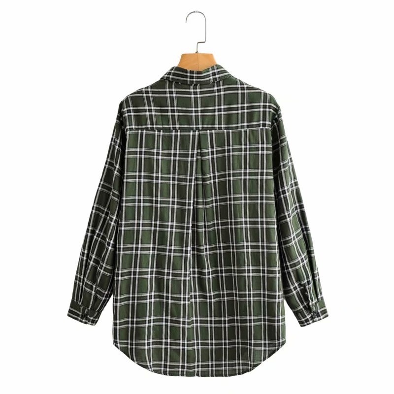 Streetwear Women Green Plaid Shirts Fashion Ladies Turn Down Collar Tops Vintage Female Chic Cotton 100% Blouses 210430