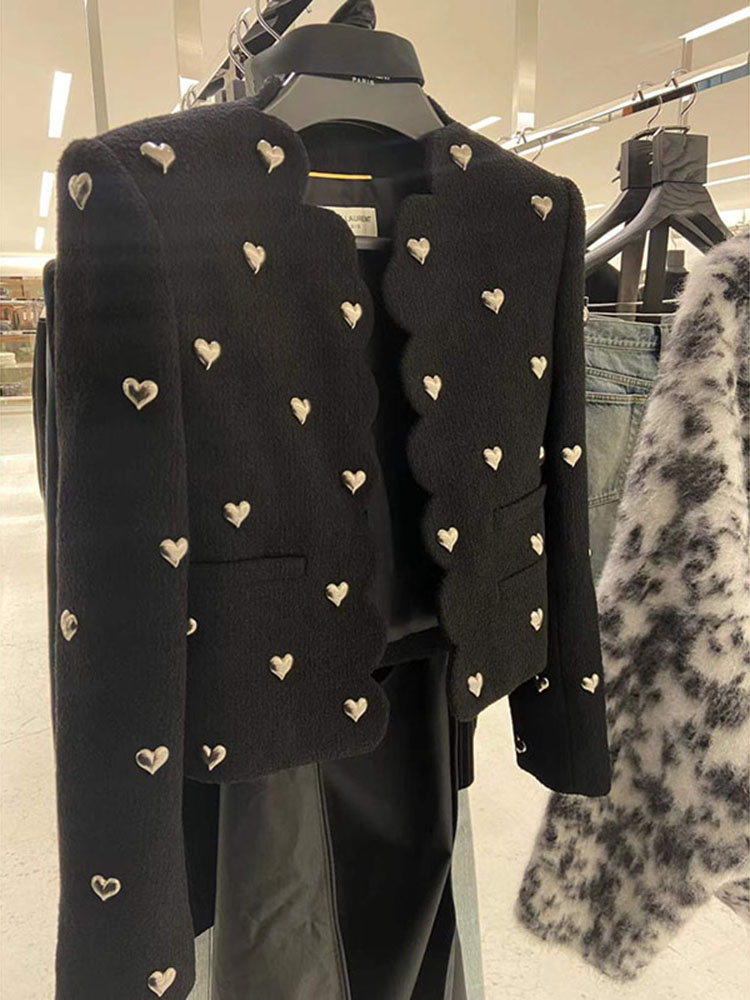 New spring autumn Womens fashion elegant 3D love heart patchwork woolen long sleeve short jacket coat SMLXL