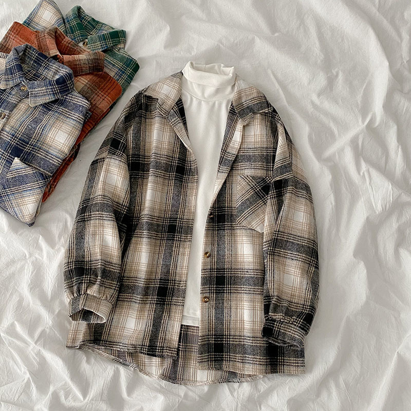 Autumn winter shirt Plaid jackets coat women's Korean fashion woolen long sleeve Loose plaid Jacket all-match top 210508