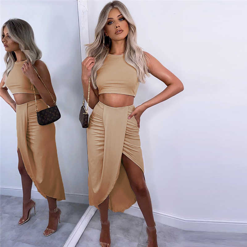Colysmo Sexy Two Piece Set Women Summer Crop Top Split Midi Skirts 2 Cub Wear Lavender Outfits 210527