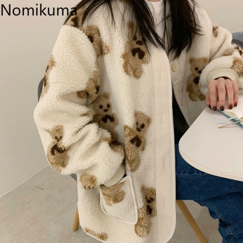 Nomikuma Korean Cartoon Bear Women Coat Causal Faux Lambswool Winter Warm Jacket New Long Sleeve V-neck Outerwear 6D550 210427