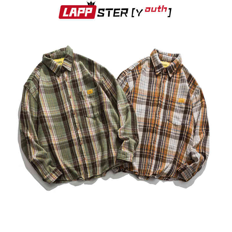 Thick Harajuku Vintage Plaid Shirts Long Sleeve Autumn Male Desginer Kpop Fashions Button Clothing 210420