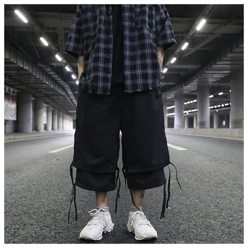 European And American High Street Dark Fan Can Tie Ribbons Layered Stitching Slits Loose Casual Six-point Wide Pants Men's