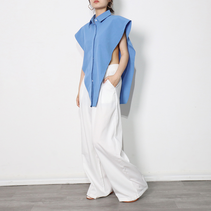 Loose Irregular Blouse For Women Lapel Sleeveless Casual Solid Shirt Female Fashion Clothing 210524