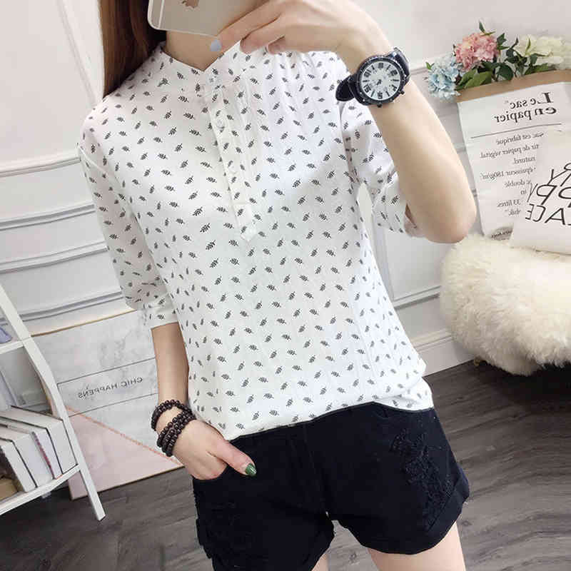 Embroidery Women Spring Summer Style Cotton and Linecn Blouses Shirts Lady Casual Stand Collor Short Sleeve Blusas Tops DF2985 210401