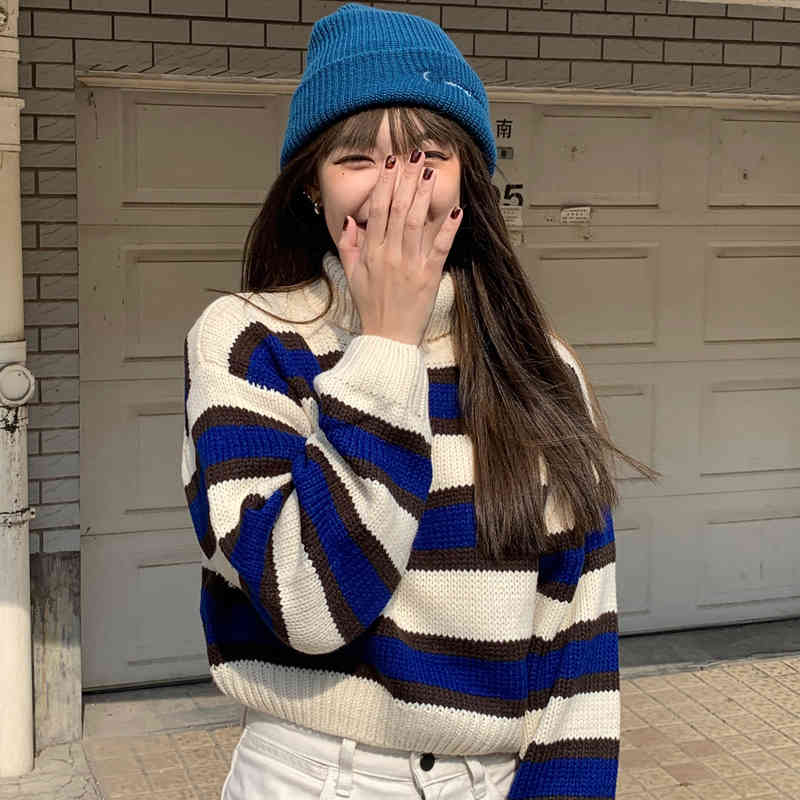 2Colors Autumn Winter Women Turtleneck Pullovers And Sweaters Korean style stripe thick Warm Female knitted Sweater (C8673) 210423