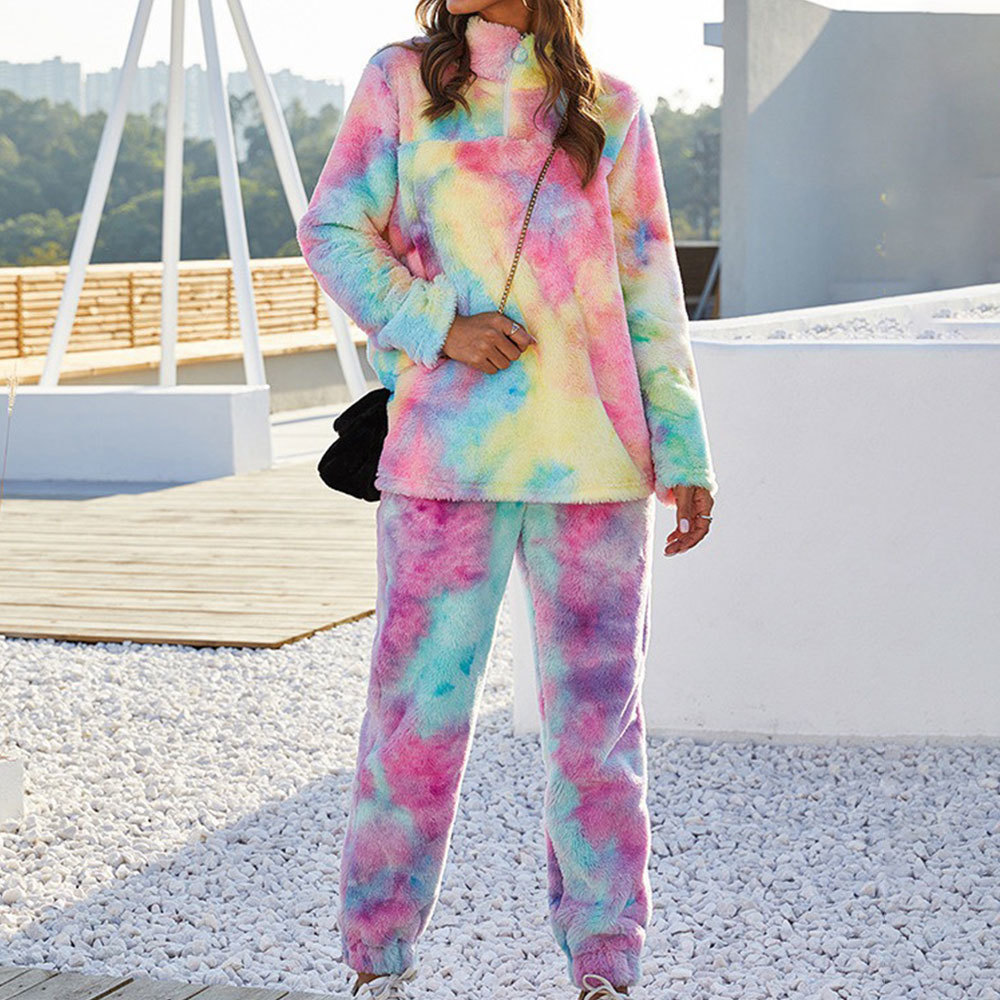 Autumn Winter Zipper Turtleneck Colorful Fleece Hoodies Fashion Rainbow Tie Dye Sweatshirt for Women Oversized Flannel Tops 210428