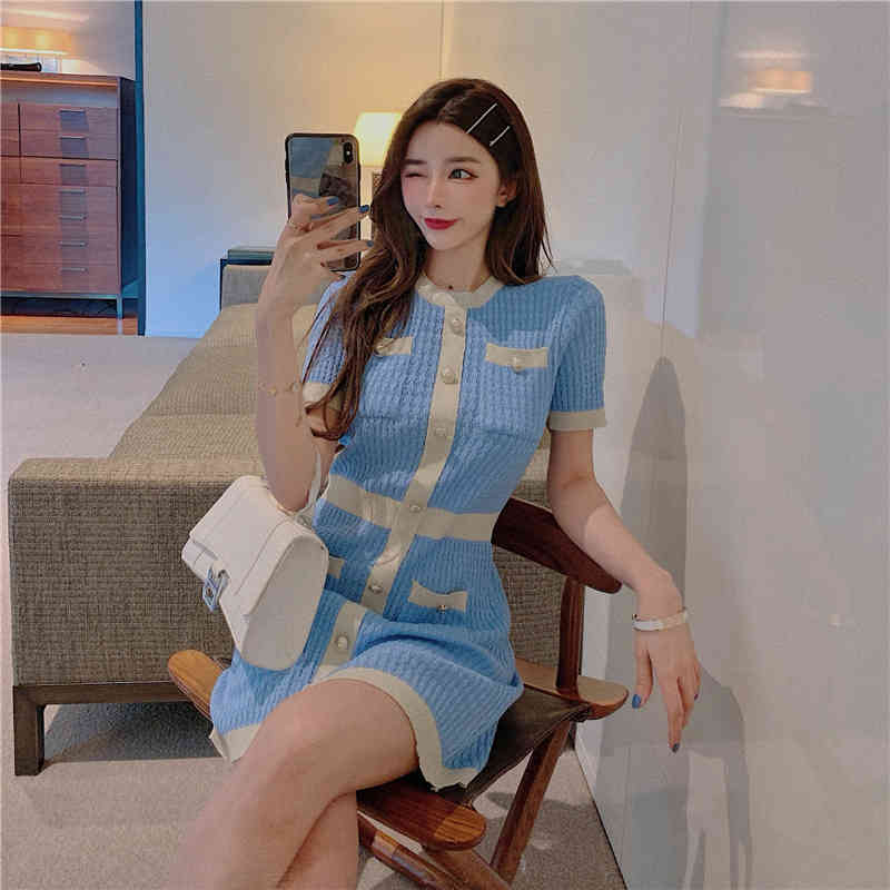 Women Sexy Elegant Vestidos Korean Short Sleeve Knitting Dresses Summer Hit Color Single-Breasted Mini Dress 210519