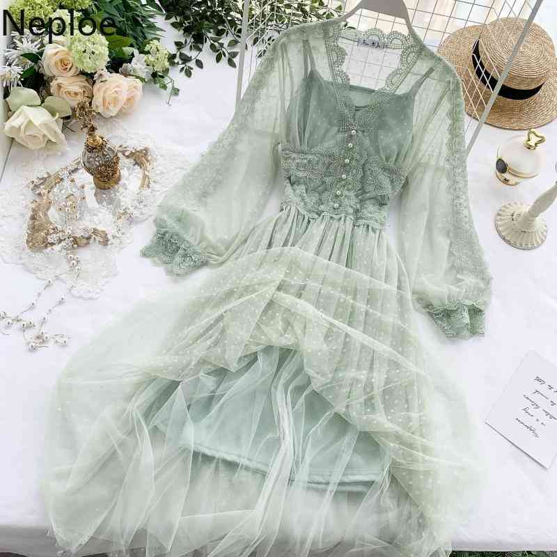 Neploe Dresses Women New Arrival Gauze Sweet Dress See Thorugh Heavy Lace Crochet Floral Pleated Elegant Robe Vestidos 210422