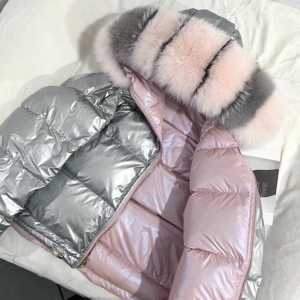FTLZZ Women Double Sided Silver Golden Duck Down Coat Winter Large Fur Collar Waterproof Jacket Hooded Snow Outerwear 211018