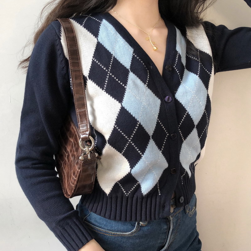 Pink cardigan womens sweaters korean crop autumn tops long sleeve blue argyle short knitted fall 210521