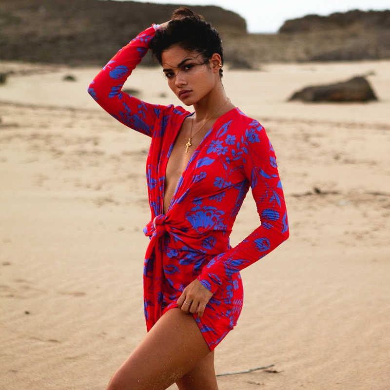 Asia Print Red Dress Tie up Long Sleeve Deep V Neck Mini Dresses for Women Casual Beach Party Wear Ladies Bodycon Vestidos 210623