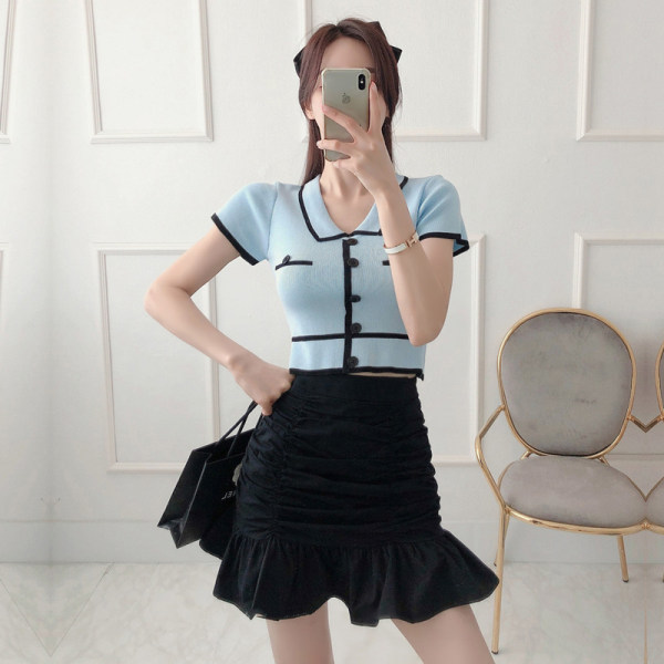 Summer Women 2pcs Set Sweet Knitted Lapel Short Sleeve T-Shirt Top + High Waist Bodycon Ruched Ruffles Mini Skirt 210519
